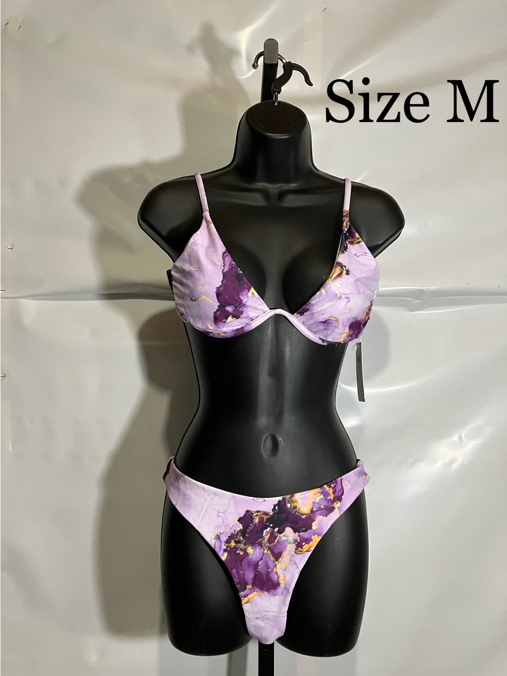Women’s Purple Marble Print Women's Bikini Swimsuit Mesh Sarong 3pc Size M